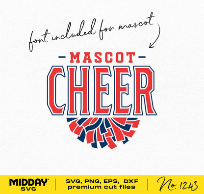 Cheerleading design SVG featuring 'Mascot Cheer' text in bold red and blue font with font included for customization.