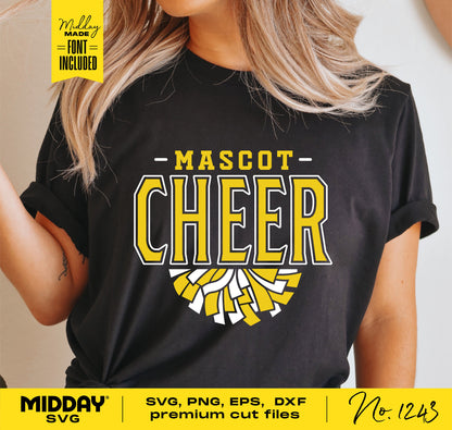Cheerleading shirt design with "Mascot Cheer" text in yellow on black fabric, suitable for Cricut and Silhouette projects.