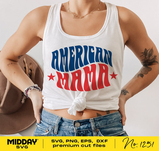 American Mama SVG design on white tank top, perfect for 4th of July and patriotic celebrations, compatible with Cricut and Silhouette.