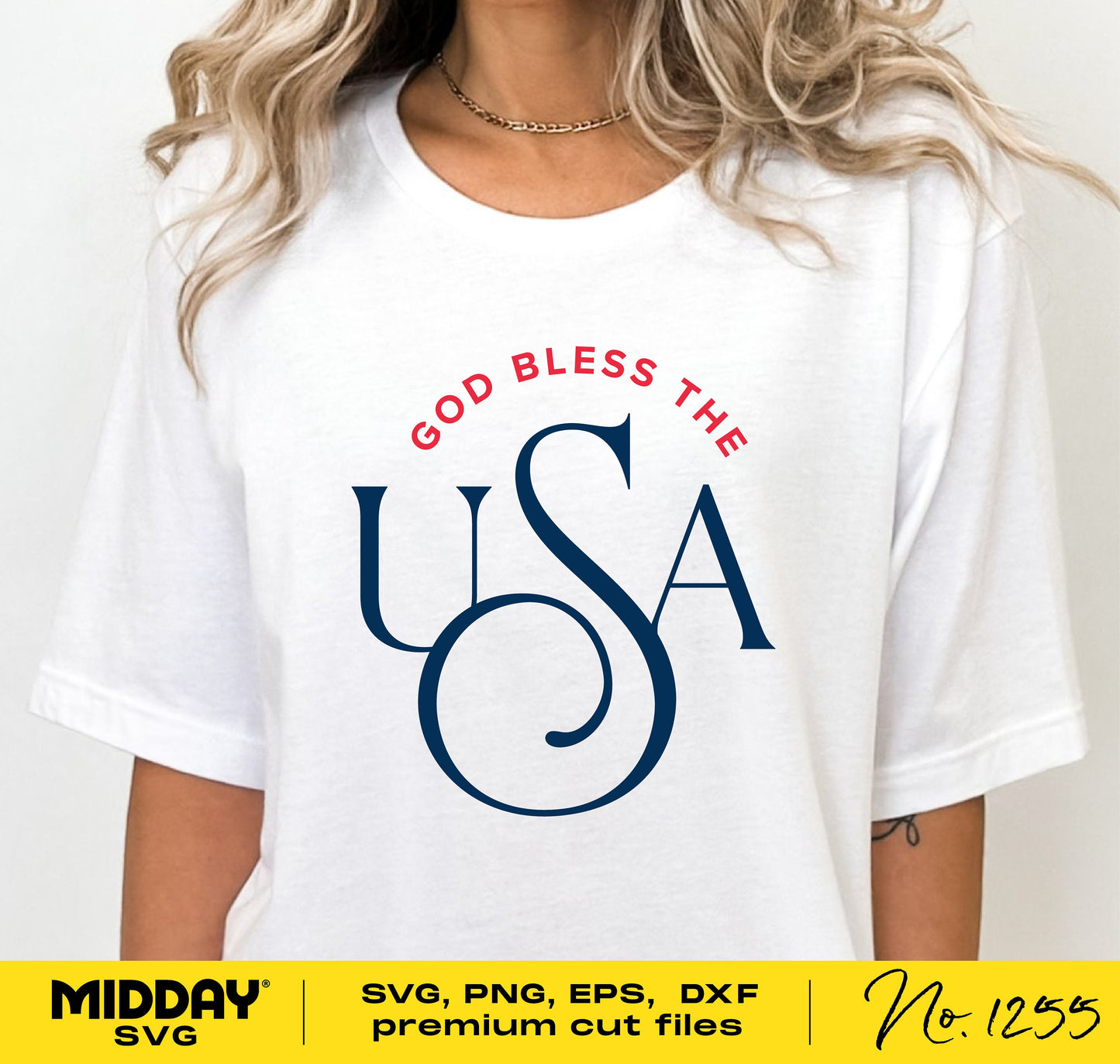 Woman wearing a white t-shirt with 'God Bless the USA' patriotic design for 4th of July SVG cut file