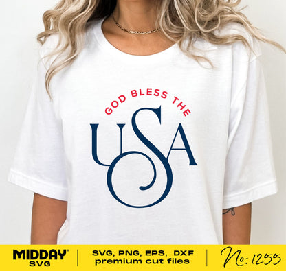 Woman wearing a white t-shirt with 'God Bless the USA' patriotic design for 4th of July SVG cut file