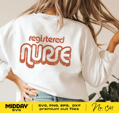 Woman wearing shirt with 'Registered Nurse' design, ideal for SVG, PNG, EPS, DXF formats for Cricut and sublimation projects.