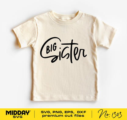 Big Sister SVG on white T-shirt for pregnancy announcement or sibling promotion, available as digital download including PNG, JPG formats.