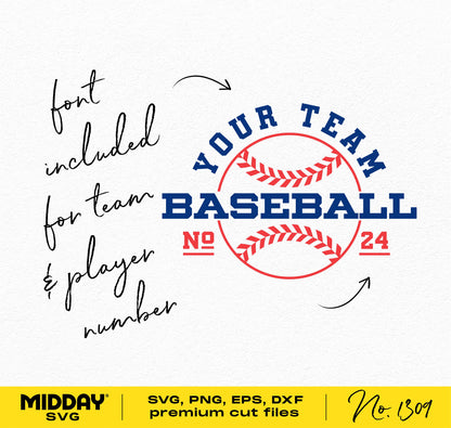 Baseball team SVG template with customizable player number and name for Cricut and Silhouette, featuring bold font and baseball design.