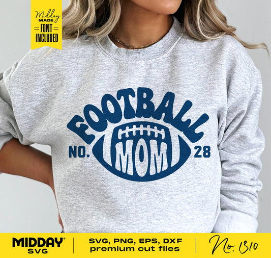 Woman wearing a sweatshirt with 'Football Mom' design, showcasing SVG, PNG, EPS, DXF cut file for Cricut and sublimation projects.