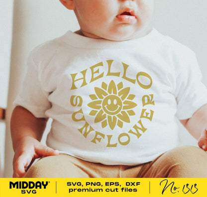 Baby wearing a t-shirt with a 'Hello Sunflower' design, featuring a smiling sunflower graphic, available in SVG, PNG, EPS, DXF formats.