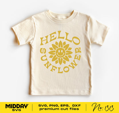 Toddler T-shirt with 'Hello Sunflower' design in yellow, suitable for Cricut crafting, available as SVG, PNG, DXF, EPS files.
