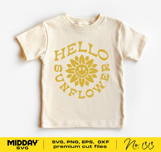 Toddler T-shirt with 'Hello Sunflower' design in yellow, suitable for Cricut crafting, available as SVG, PNG, DXF, EPS files.