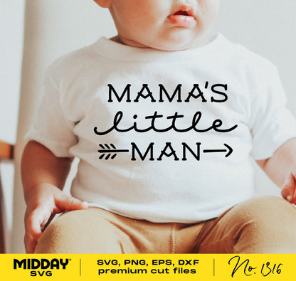 Baby wearing a white shirt with 'Mama's Little Man' design, suitable for Cricut and crafting, available in SVG, PNG, DXF, EPS formats.