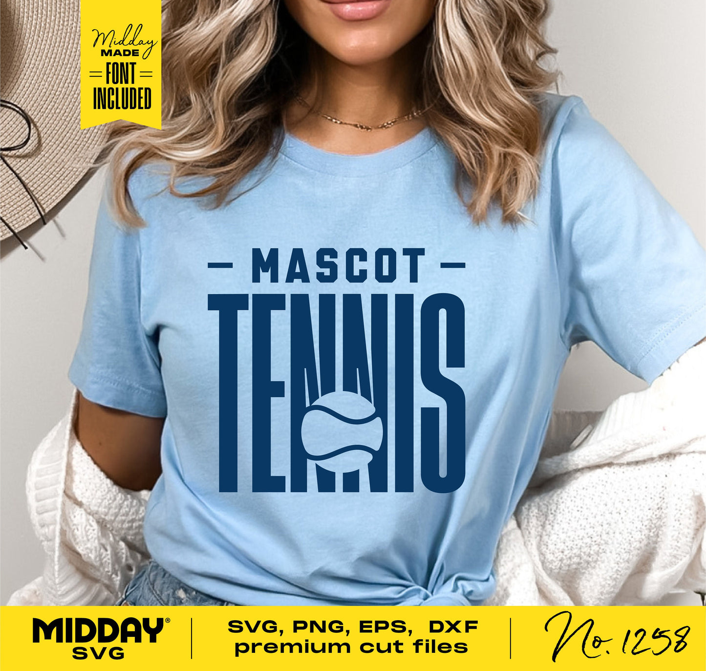 Woman wearing blue shirt with 'Mascot Tennis' SVG design, perfect for Cricut and sublimation projects.