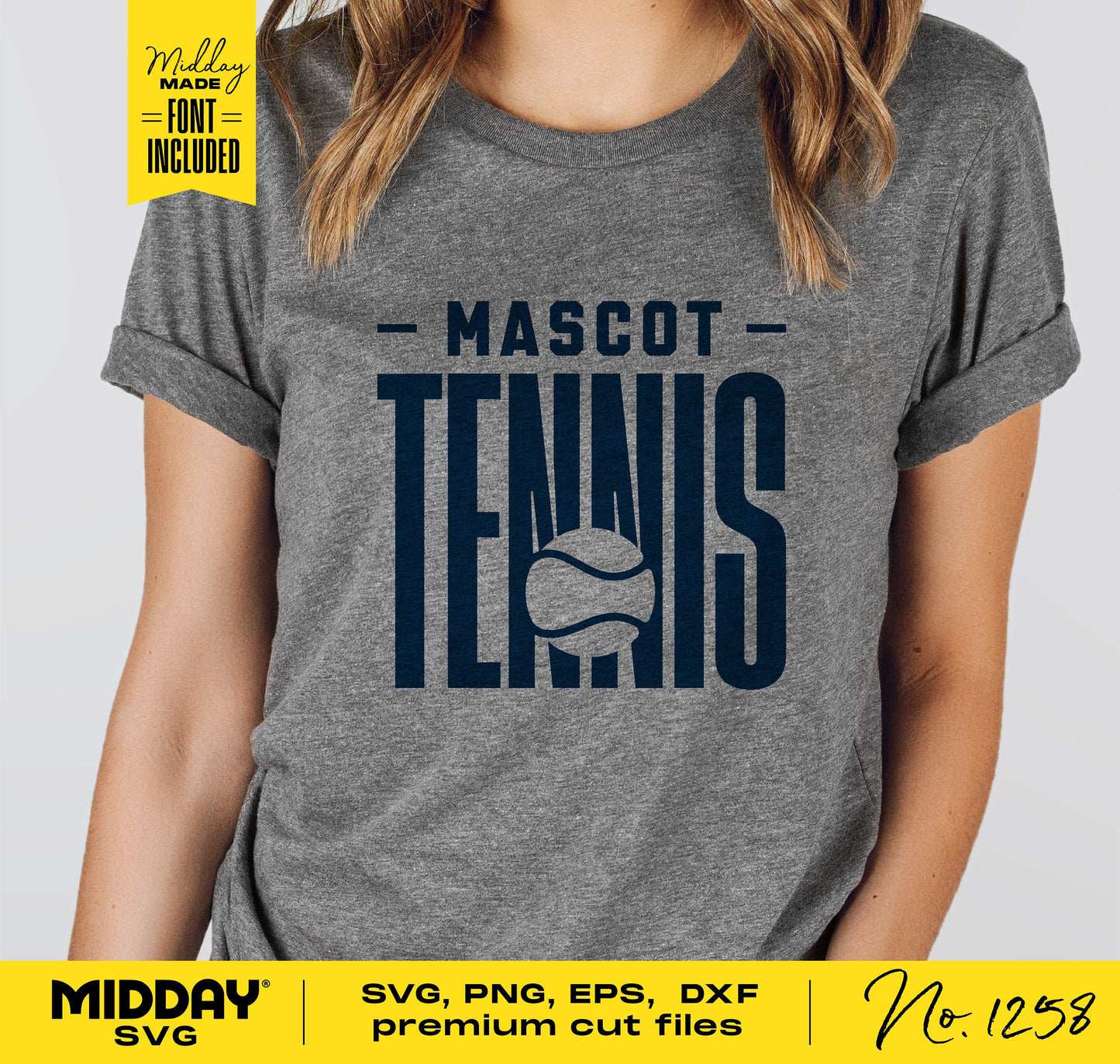 Gray shirt featuring 'Mascot Tennis' design, available in SVG, PNG, EPS, and DXF formats, ideal for Cricut and sublimation projects.