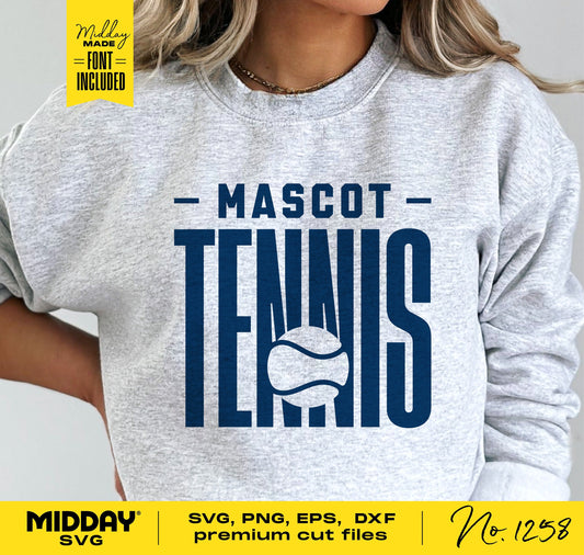 Gray sweatshirt with Mascot Tennis design in navy blue, perfect for Cricut and team logo customization. Includes SVG, PNG, EPS, DXF formats.