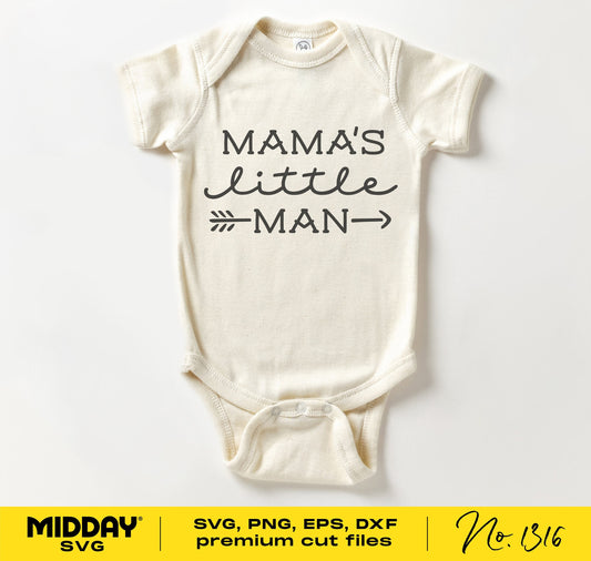 Cream baby onesie with 'Mama's Little Man' text, available in SVG, PNG, EPS, DXF formats for Cricut and Silhouette cutting machines.