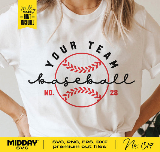 DIY baseball SVG design on shirt with customizable team name and number, perfect for Cricut projects and baseball mom gifts.