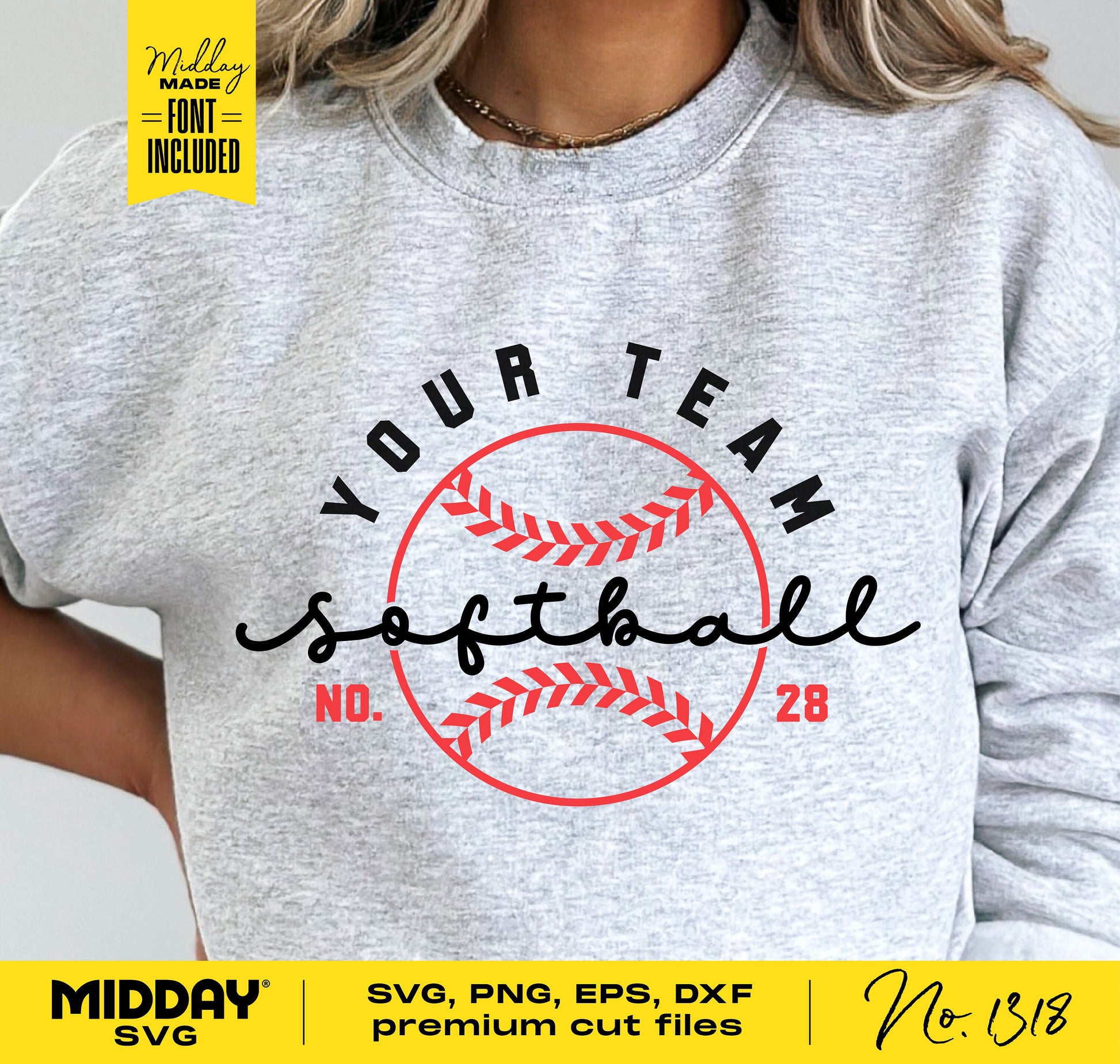 Gray sweatshirt with customizable softball team logo SVG design, includes font, easy to use for Cricut and sublimation projects.
