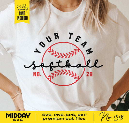 Woman wearing a custom softball team t-shirt design featuring red laces and text, with SVG and font included, ideal for Cricut and design projects.