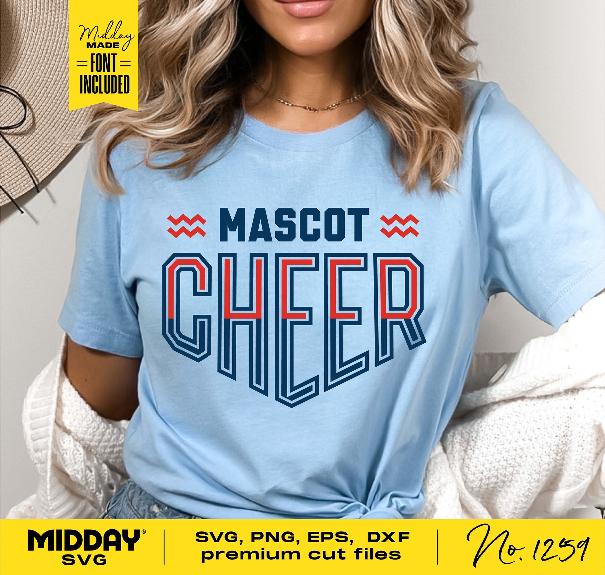 Woman wearing a blue shirt with 'Mascot Cheer' design, featuring red and blue typography. Includes SVG, PNG, EPS, DXF cut files. Font included.