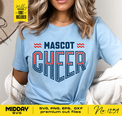 Woman wearing a blue shirt with 'Mascot Cheer' design, featuring red and blue typography. Includes SVG, PNG, EPS, DXF cut files. Font included.