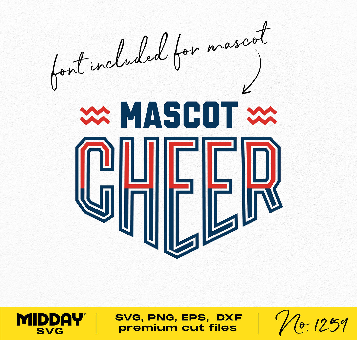 Cheer Team Template for Cricut with included mascot font, ideal for cheerleading shirts and DIY projects. Formats: SVG, PNG, DXF, EPS.