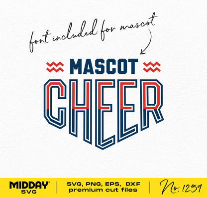Cheer Team Template for Cricut with included mascot font, ideal for cheerleading shirts and DIY projects. Formats: SVG, PNG, DXF, EPS.