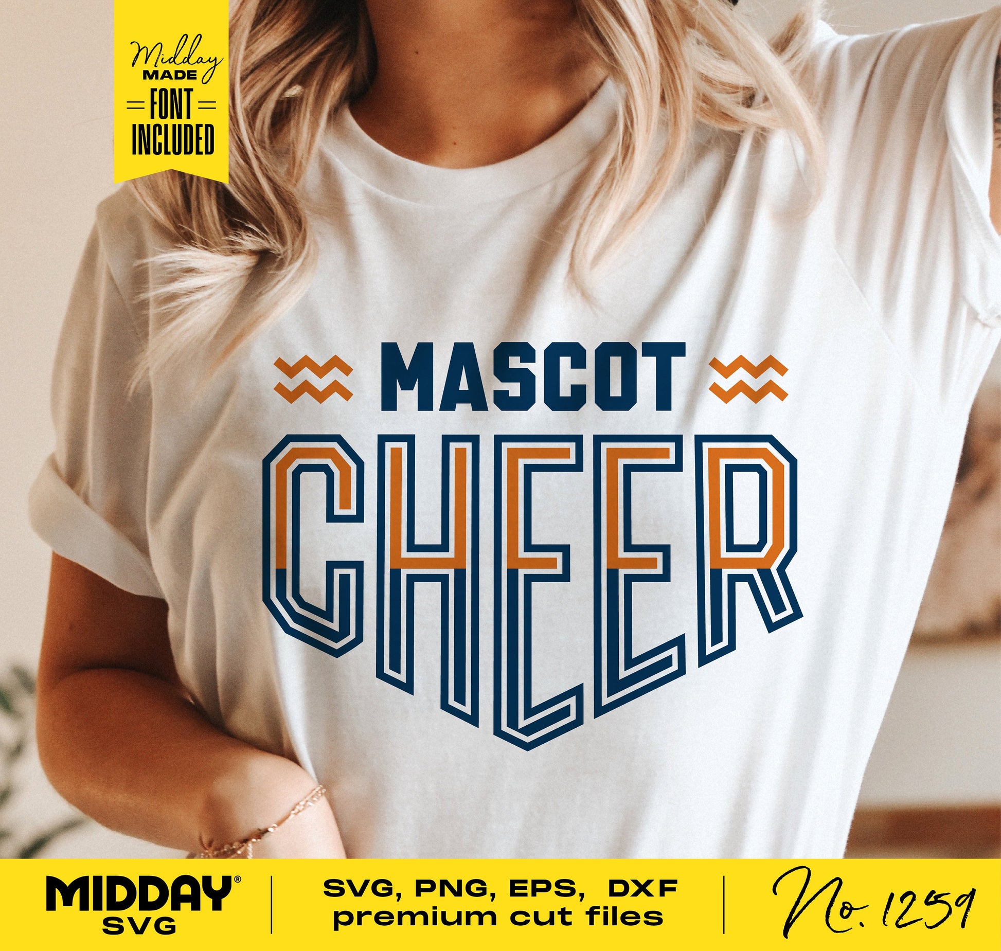 Woman wearing a shirt with text 'Mascot Cheer' design in SVG, PNG, EPS, DXF format, featuring a DIY cheerleading template with font included