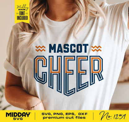 Woman wearing a shirt with text 'Mascot Cheer' design in SVG, PNG, EPS, DXF format, featuring a DIY cheerleading template with font included