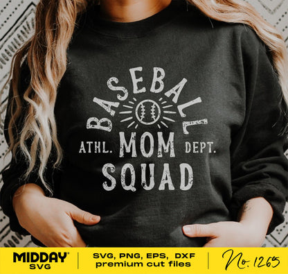 Black sweatshirt with 'Baseball Mom Squad' design, ideal for Cricut and sublimation projects, available in SVG, PNG, DXF formats.