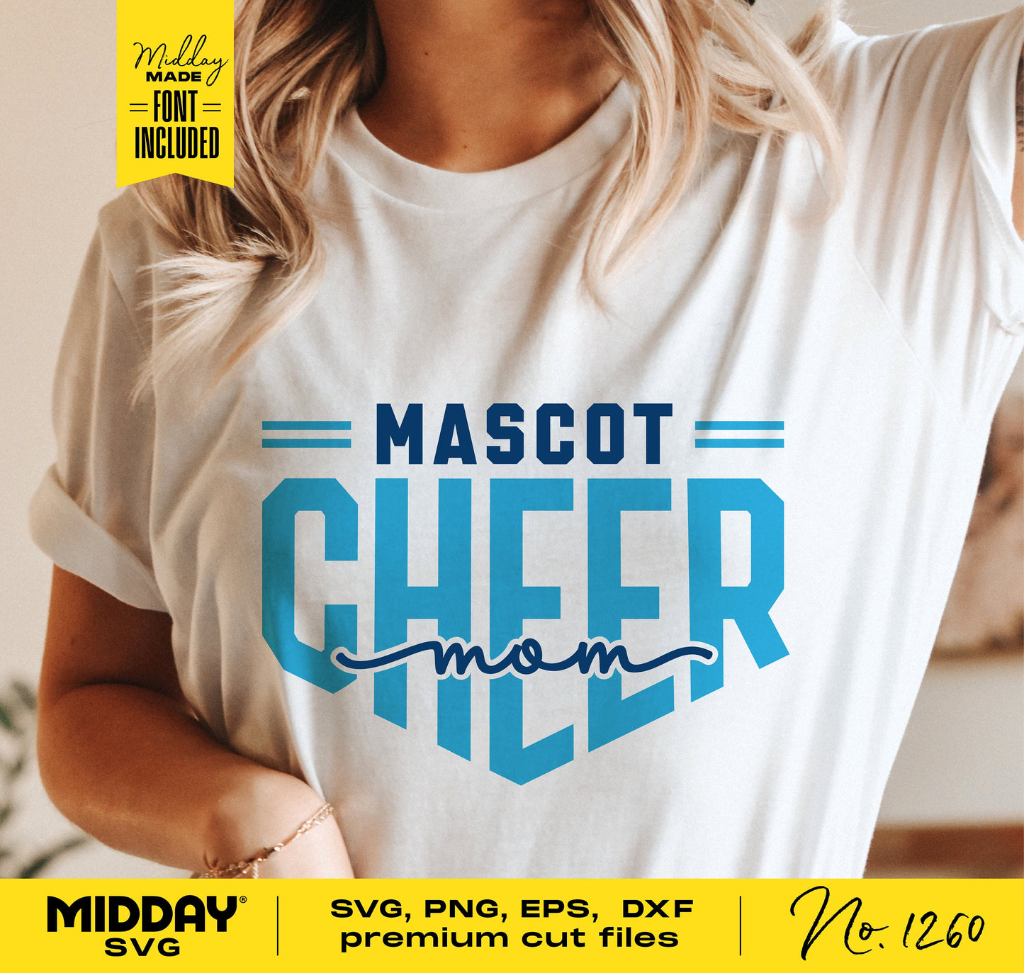 Woman wearing white t-shirt with blue 'Mascot Cheer Mom' design, perfect for cheer team merchandise. Includes SVG, PNG, EPS, DXF files.