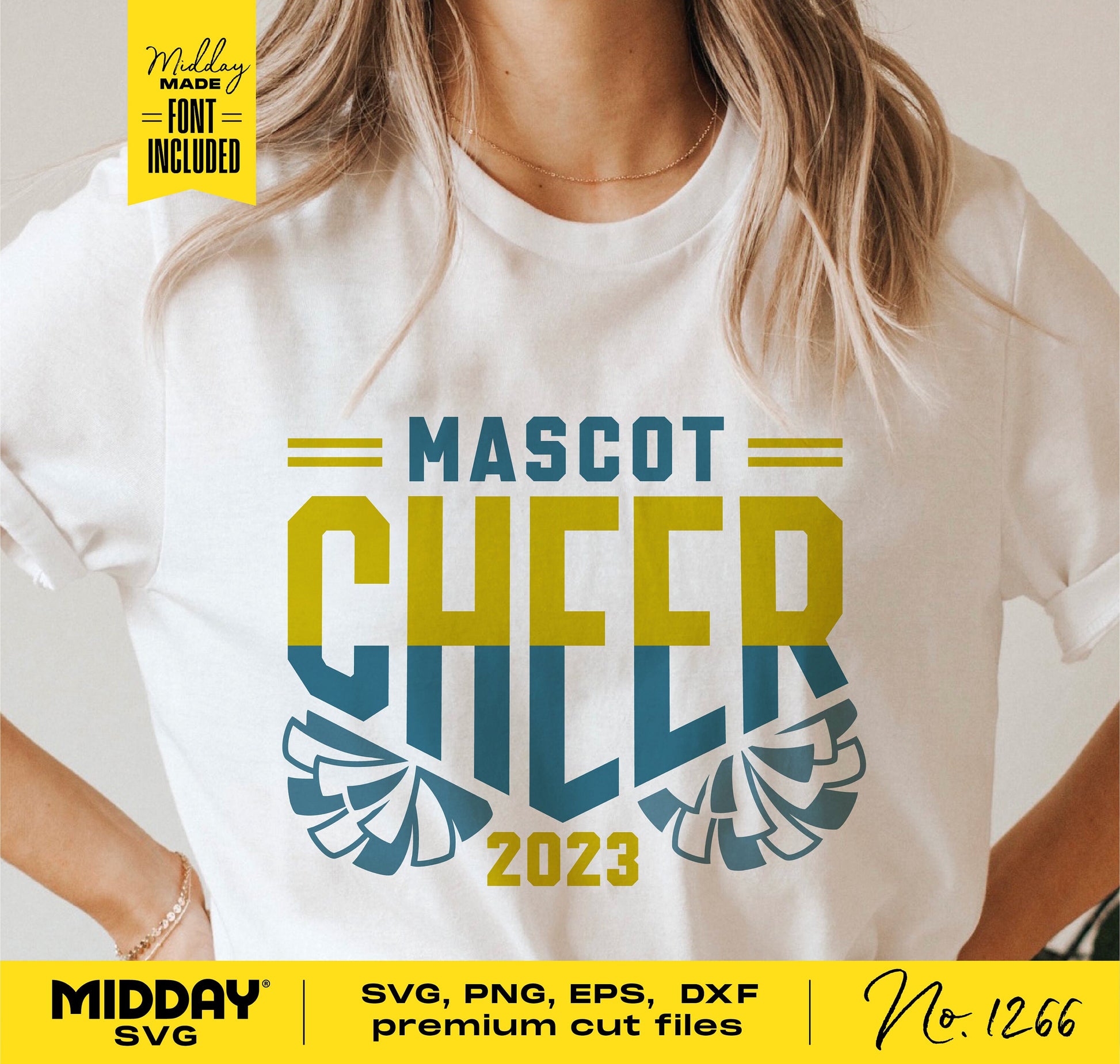 Cheerleader t-shirt with 'Mascot Cheer 2023' design, featuring pom poms, available in SVG, PNG, EPS, DXF formats for DIY projects.