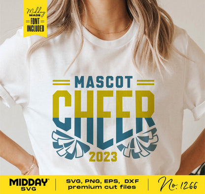 Cheerleader t-shirt with 'Mascot Cheer 2023' design, featuring pom poms, available in SVG, PNG, EPS, DXF formats for DIY projects.