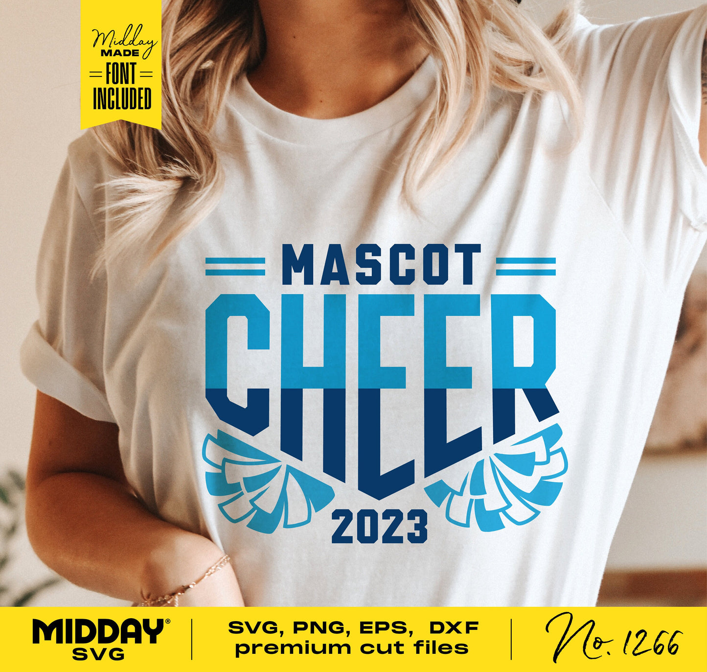 Cheerleader wearing Mascot Cheer 2023 shirt with pom-pom SVG design, digital file for crafting and apparel customization.