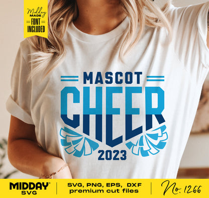 Cheerleader wearing Mascot Cheer 2023 shirt with pom-pom SVG design, digital file for crafting and apparel customization.
