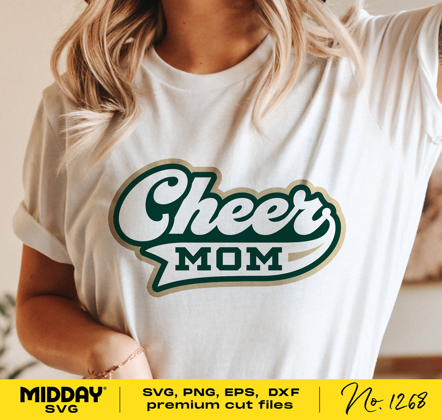 Person wearing a white t-shirt with 'Cheer Mom' design, suitable for SVG, PNG, EPS, DXF formats, ideal for cheerleader DIY projects.