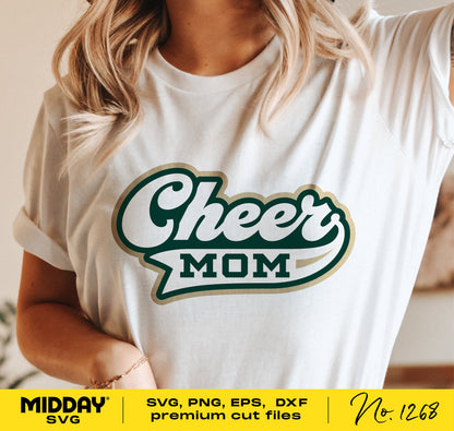 Person wearing a white t-shirt with 'Cheer Mom' design, suitable for SVG, PNG, EPS, DXF formats, ideal for cheerleader DIY projects.