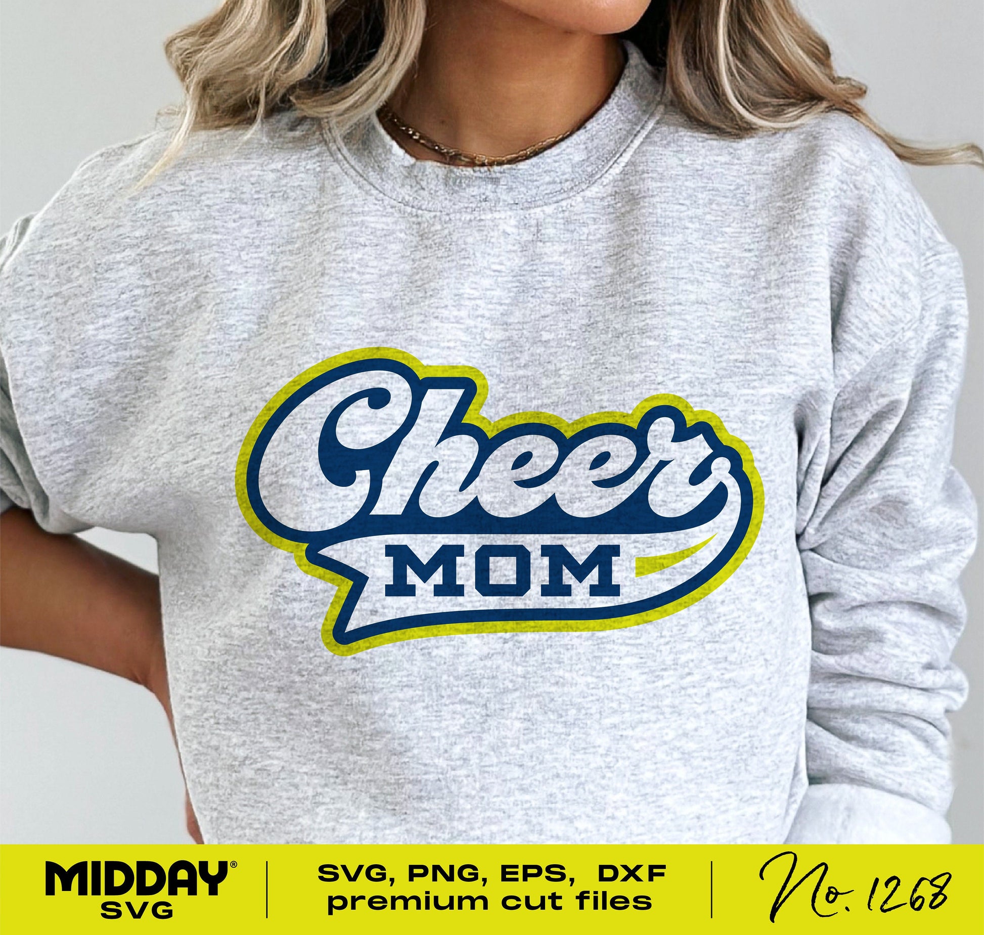 Woman wearing gray cheer mom shirt with blue and yellow logo, available as SVG, PNG, EPS, DXF digital file for crafting.