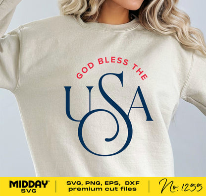 Patriotic sweatshirt with 'God Bless the USA' design, featuring SVG, PNG, EPS, DXF formats for Cricut and Silhouette crafting.