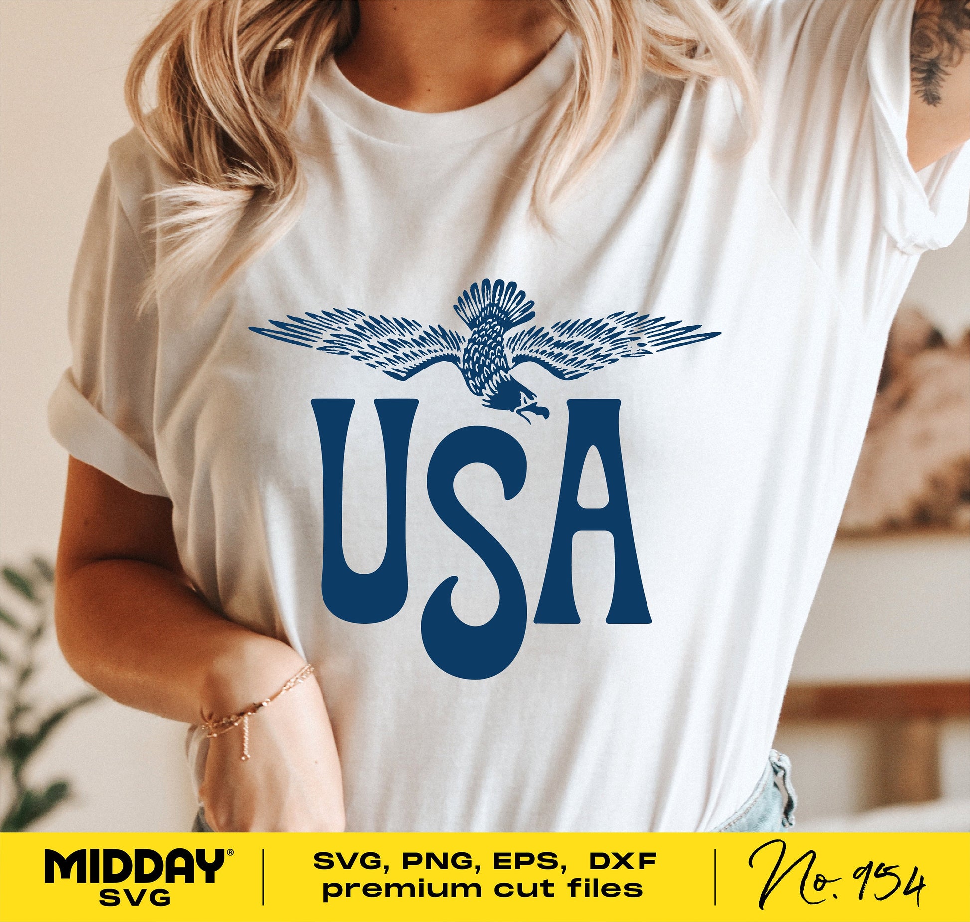 Woman wearing t-shirt with USA eagle design from 4th of July Patriotic Bundle, available in SVG, PNG, EPS, DXF formats.