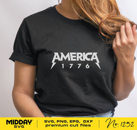 Woman wearing black t-shirt with "America 1776" design in white, offering SVG, PNG, EPS, DXF premium cut files for crafting.