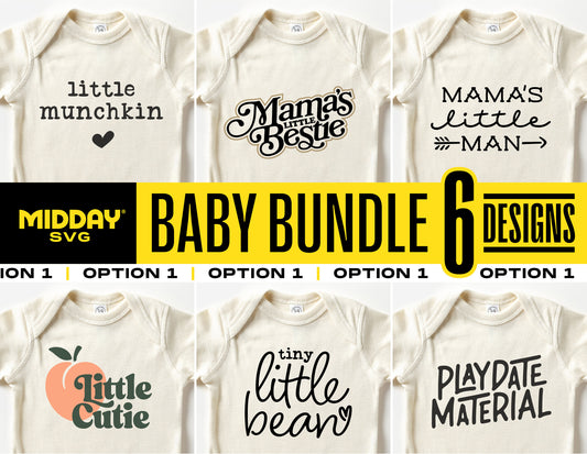 Baby shirt SVG designs with phrases like 'Little Munchkin' and 'Mama's Little Man' from a 6-piece baby SVG bundle for Cricut.