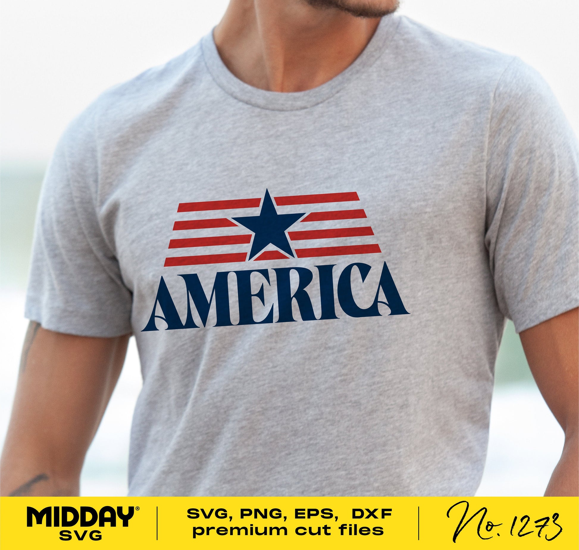 Person wearing a gray t-shirt with America design featuring a star and stripes; suitable for 4th of July and patriotic occasions in SVG format.