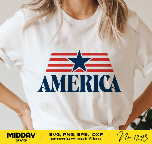 Woman wearing a 4th of July shirt with 'America' design, featuring a star and stripes, available in SVG, PNG, EPS, DXF formats for Cricut.