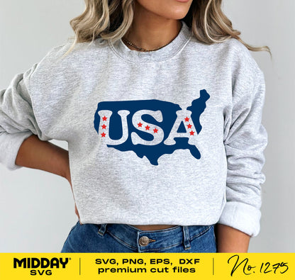 Person wearing a gray sweatshirt featuring a USA map graphic, ideal for 4th of July and patriotic design projects. SVG, PNG, EPS, DXF files included.