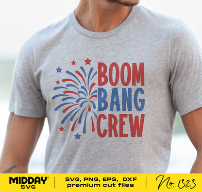 Gray t-shirt with Boom Bang Crew fireworks design, perfect for 4th of July family celebrations and suitable for Cricut projects.