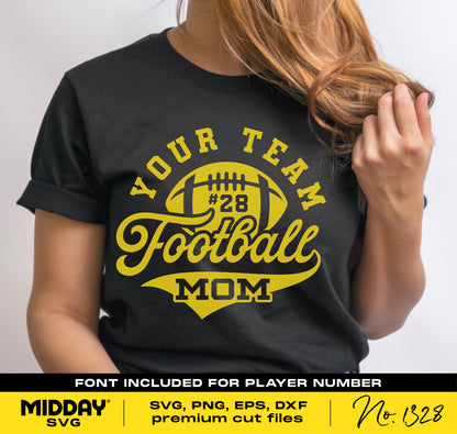 Black t-shirt featuring custom 'Your Team Football Mom' design with player number option available, ideal for Cricut and crafting.
