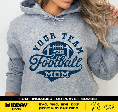 Gray hoodie with "Your Team Football Mom" design, customizable number, perfect for DIY projects using SVG, PNG, DXF files.