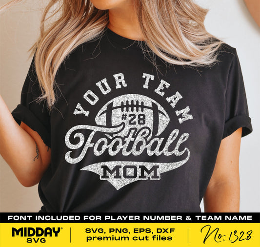 Black shirt with "Your Team Football Mom" design, player number and team name customizable, in SVG, PNG, EPS, DXF formats for Cricut.