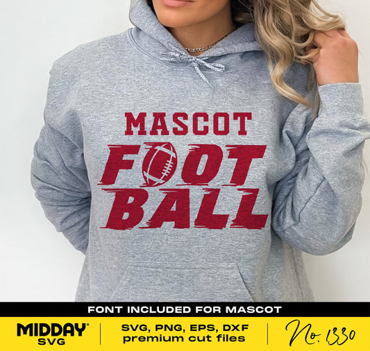 Gray hoodie with "Mascot Football" logo in red, ideal for football fans. Includes SVG, PNG, EPS, DXF files, plus font for customization.
