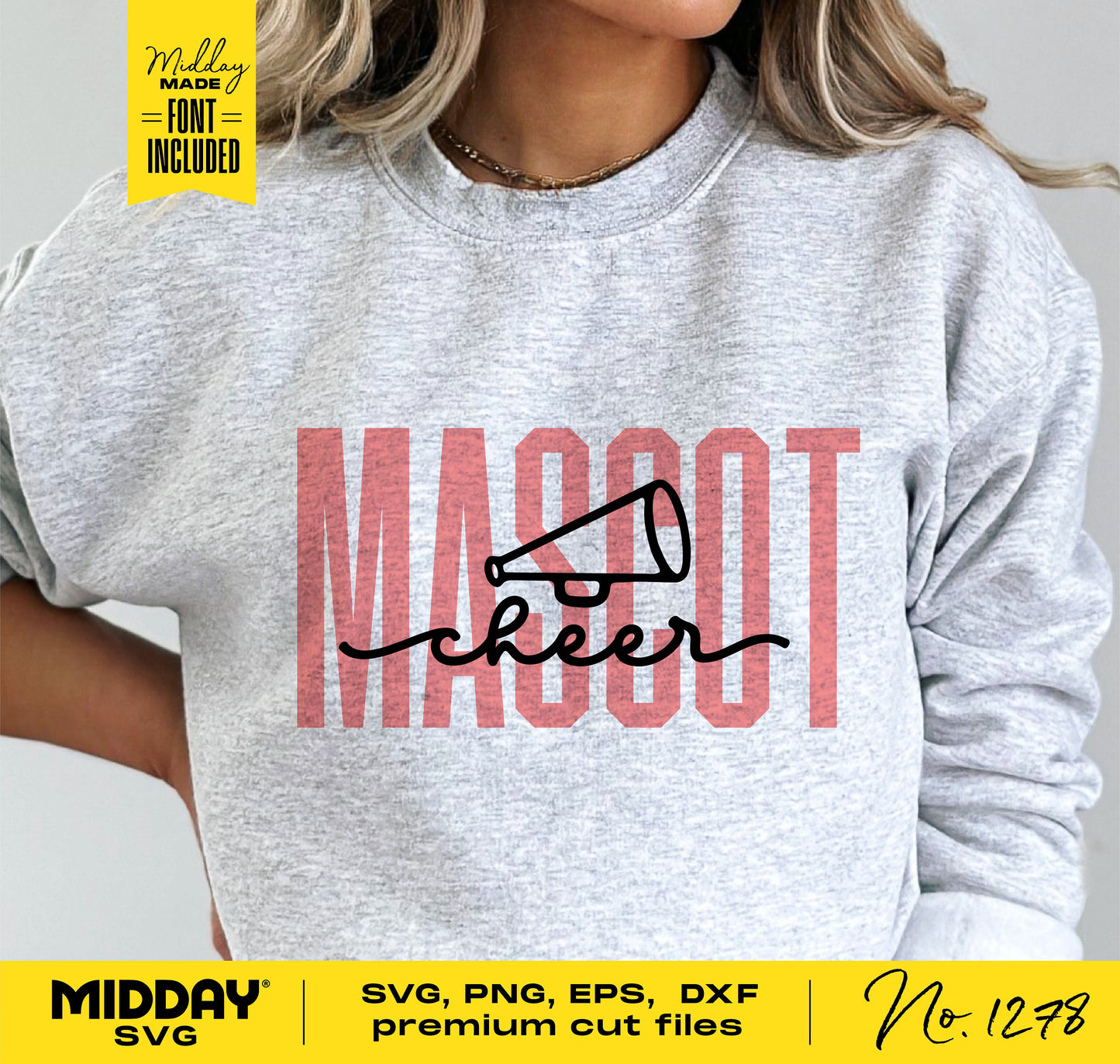 Cheerleader shirt with 'Mascot Cheer' design in SVG, PNG, EPS, DXF formats for Cricut and Silhouette.