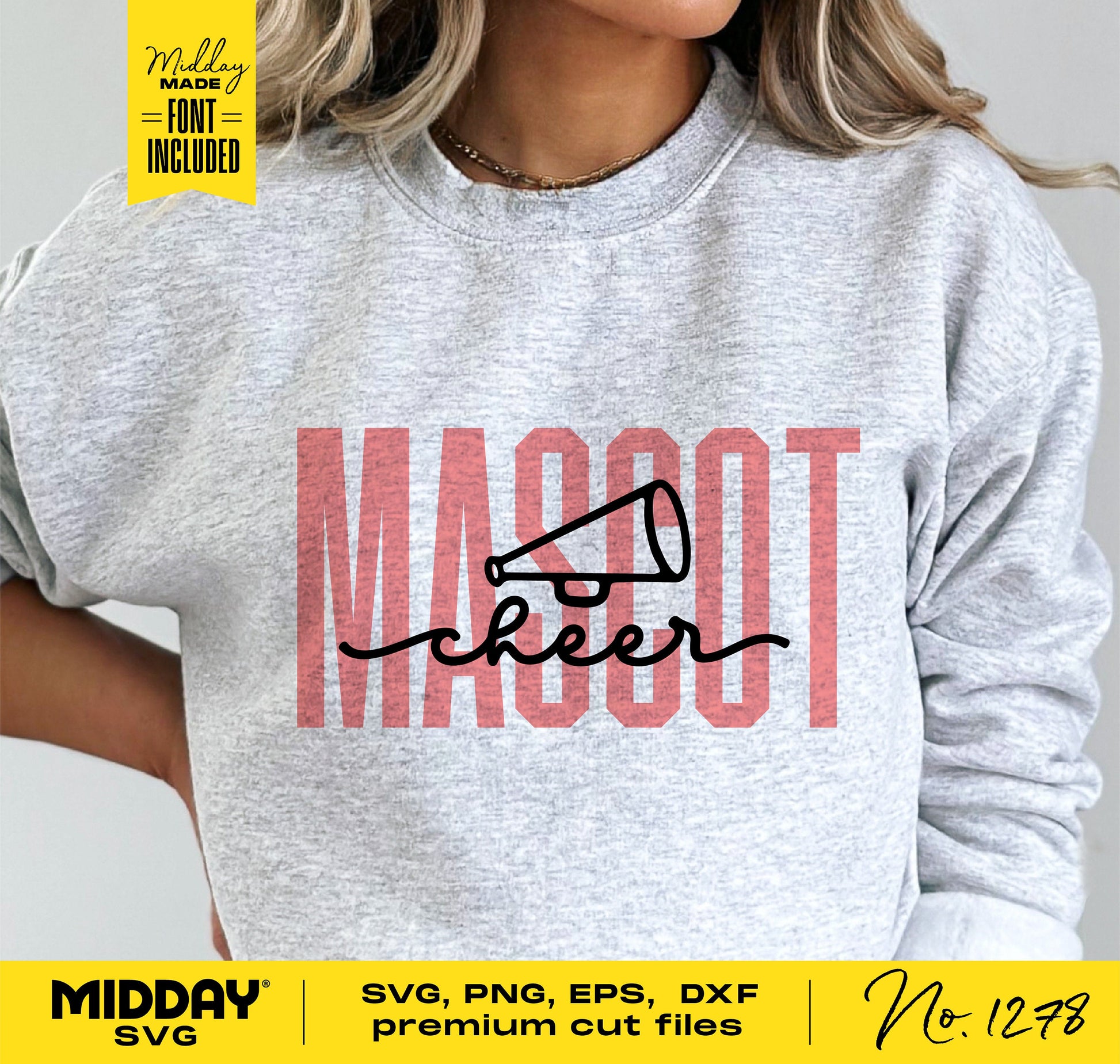 Cheerleader shirt with 'Mascot Cheer' design in SVG, PNG, EPS, DXF formats for Cricut and Silhouette.