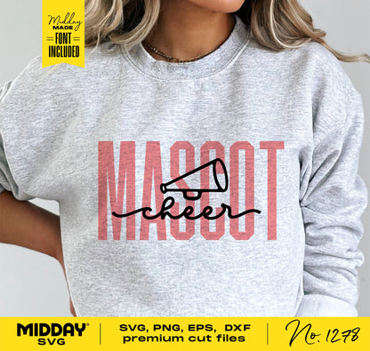 Cheerleader shirt with 'Mascot Cheer' design in SVG, PNG, EPS, DXF formats for Cricut and Silhouette.